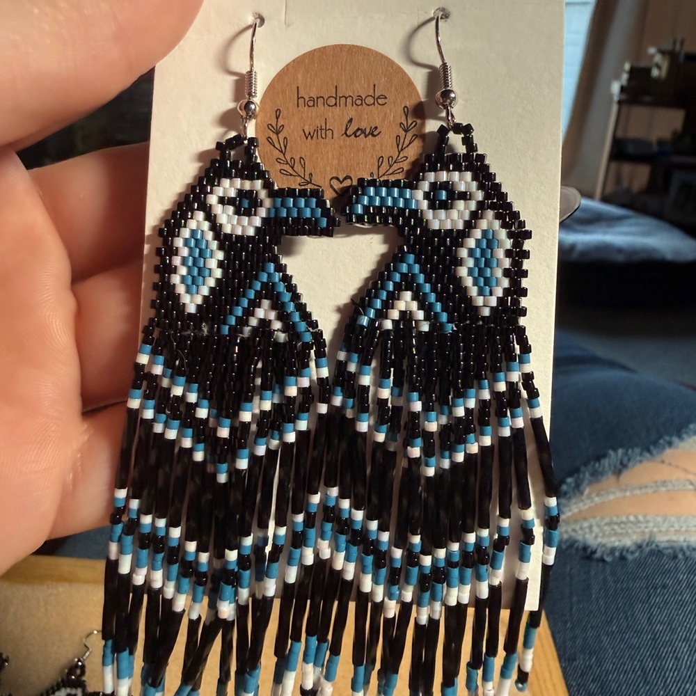 Handmade Beaded Bird Earrings - Black, Blue, White